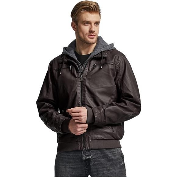 Men's Faux Leather Jacket with Removable Hood Motorcycle Jacket